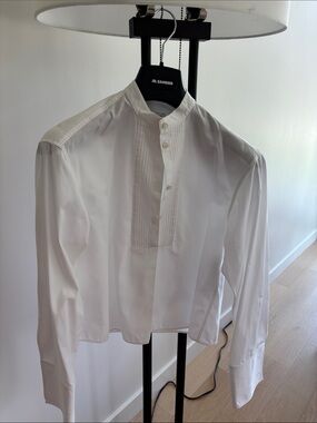 Jil Sander White Band-Collar Pleated Front Shirt - Minimalist cotton Dress Shirt